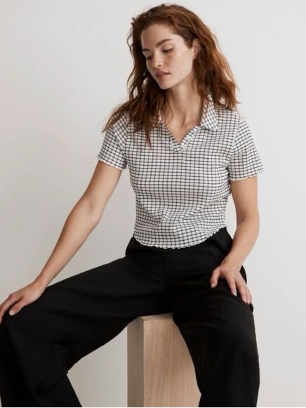 Madewell Black and White Checked Collared Short-Sleeve Top